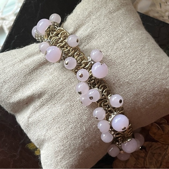 Ann Taylor Women's Metallic Gold Pink Bobble Rhinestone Accents 7.5-9” Bracelet - Picture 5 of 7